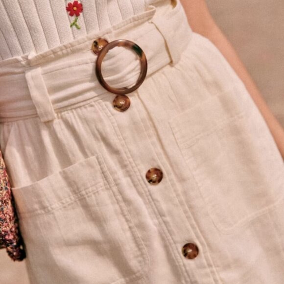 Sezane Hanna Skirt High Waist Midi Belted Button Front Cotton Cream Size 12 (44) - Picture 14 of 14